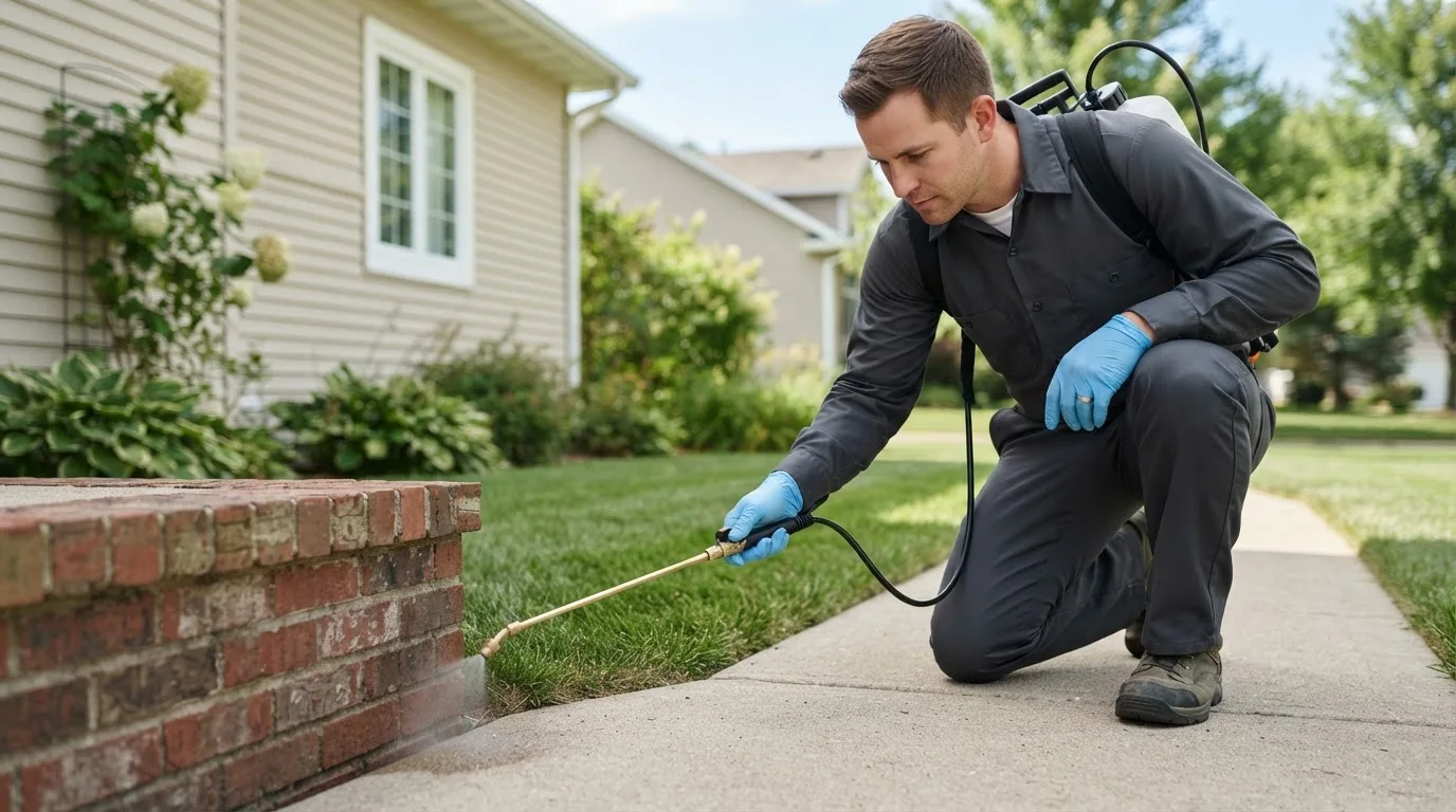 Pest control technician treating a home near Carpentersville, IL